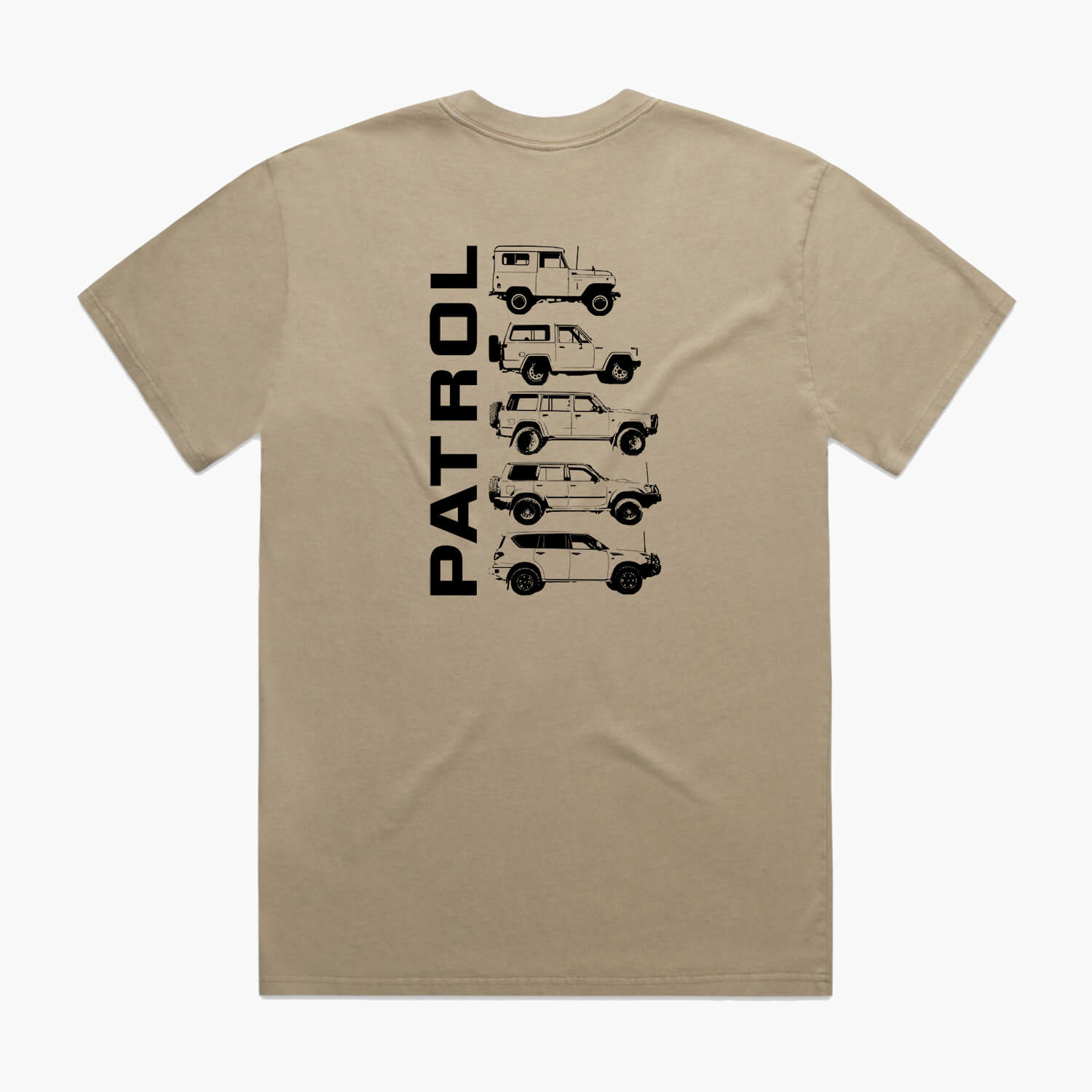 Back view of a khaki t-shirt with Nissan Patrol silhouettes printed down the centre.