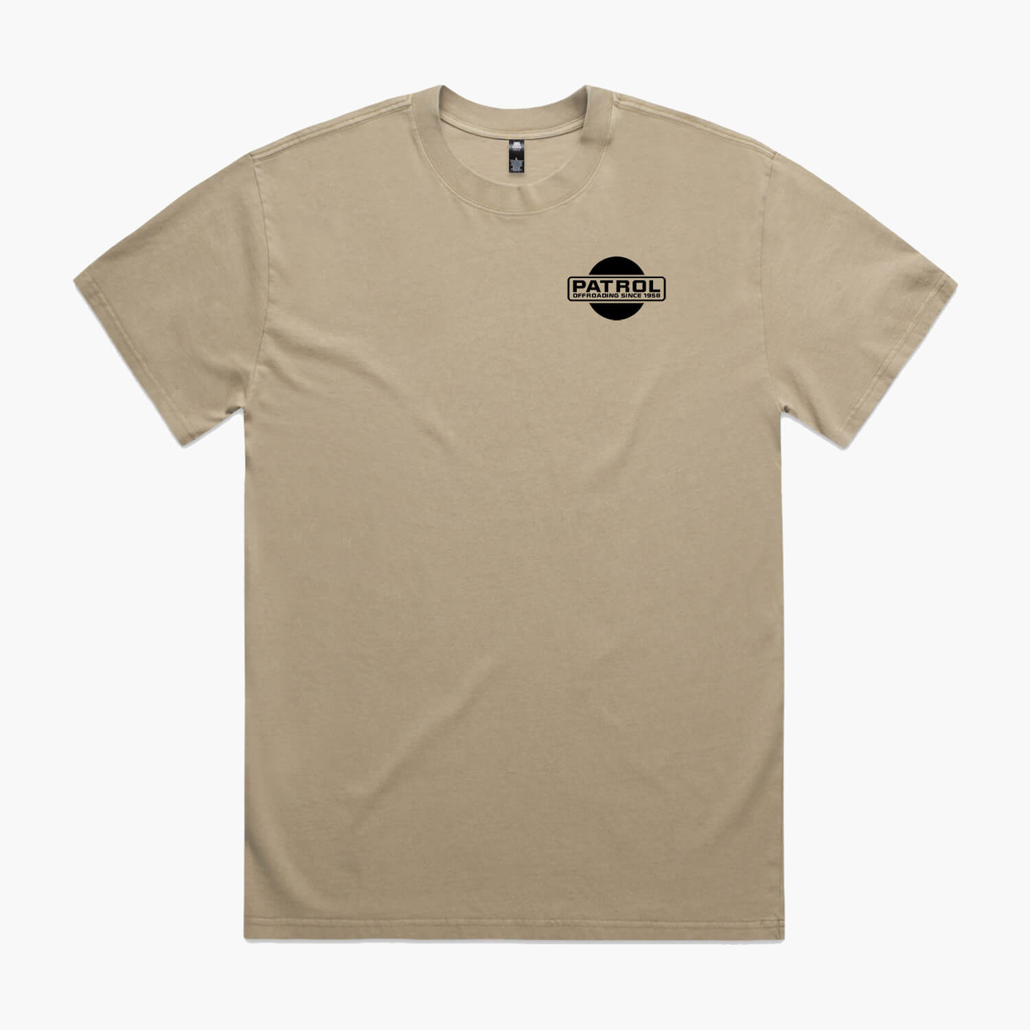 Khaki t-shirt with a black Nissan Patrol logo pocket print.
