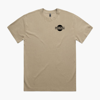 Khaki t-shirt with a black Nissan Patrol logo pocket print.