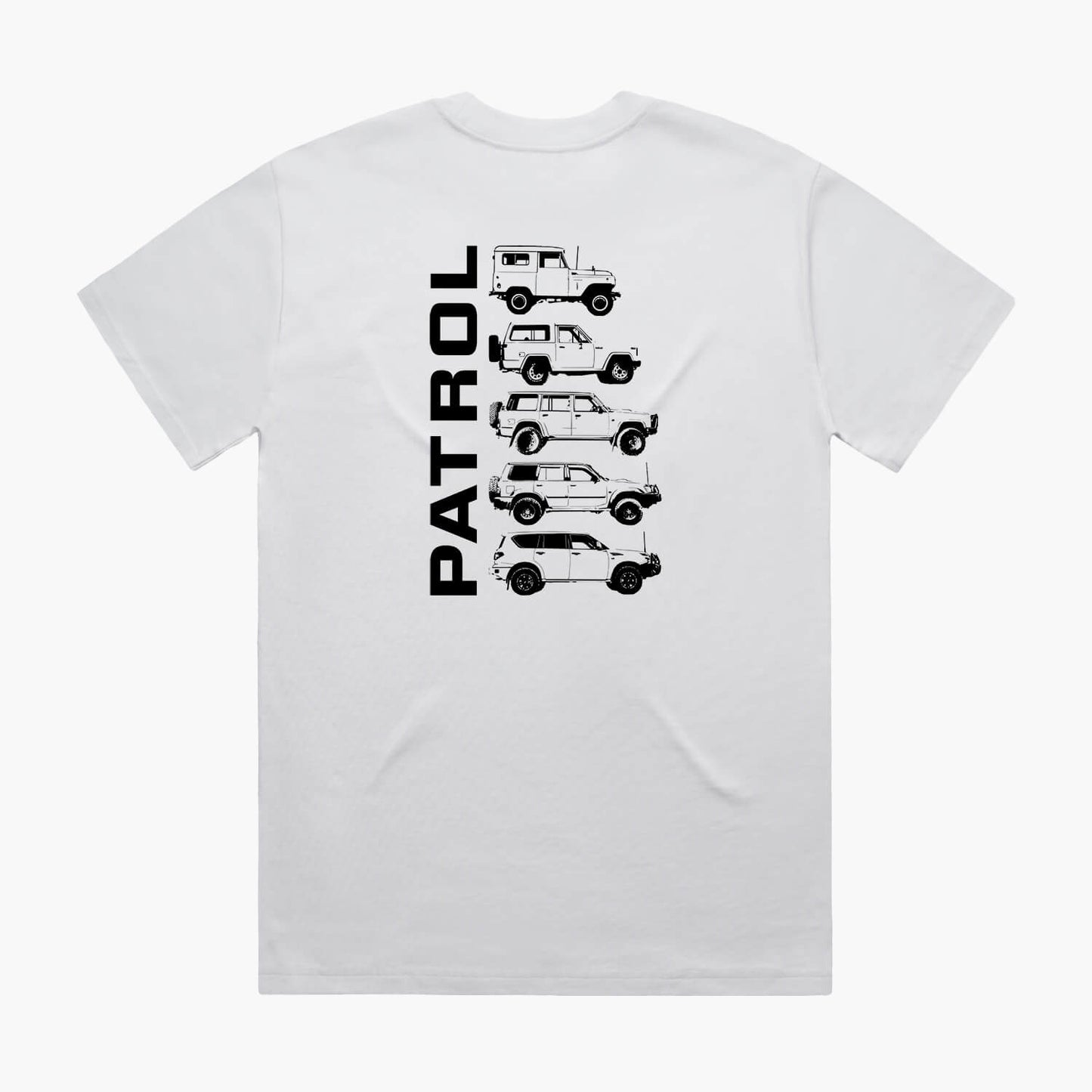 Back view of a white oversized t-shirt with Nissan Patrol silhouettes printed down the centre.
