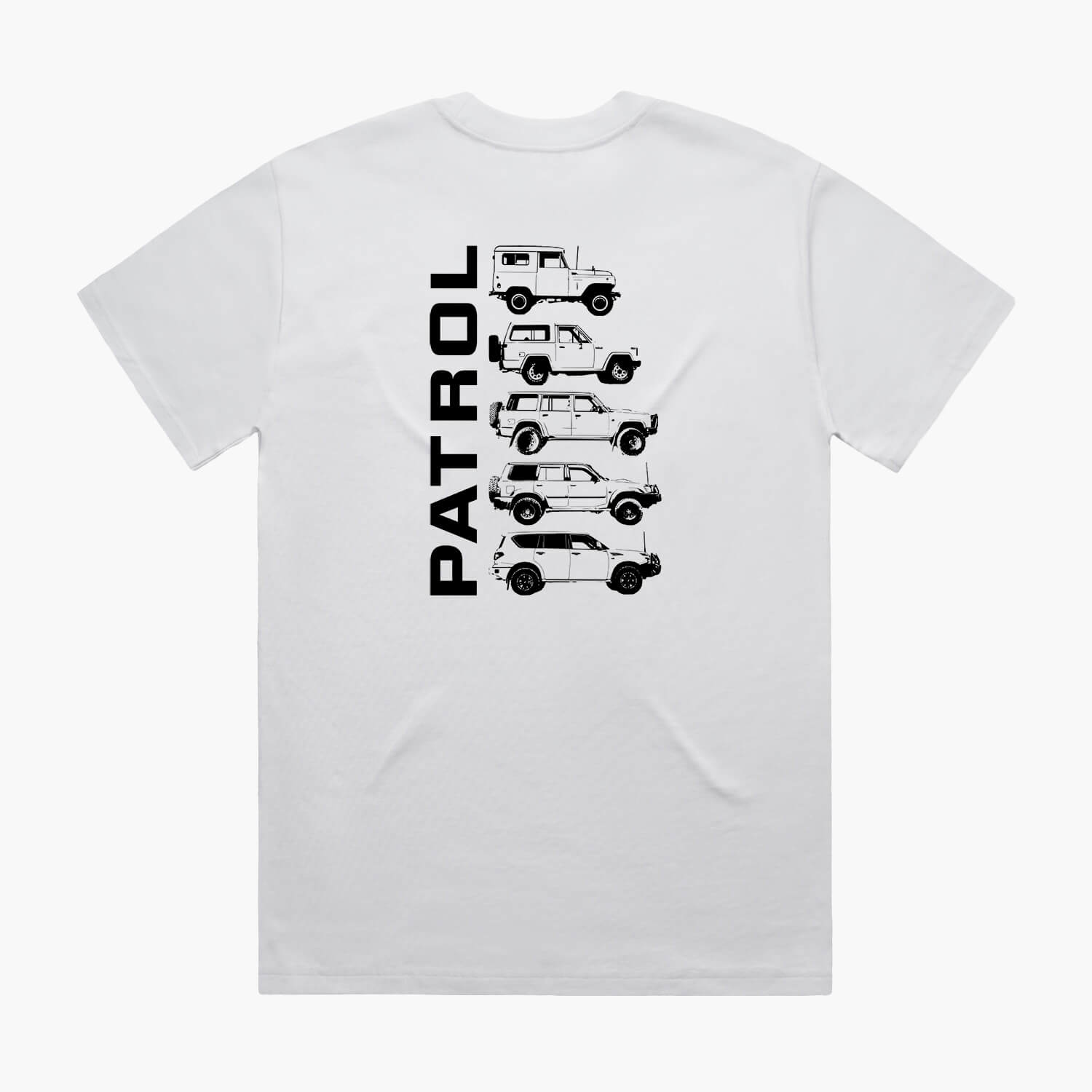 Back view of a white oversized t-shirt with Nissan Patrol silhouettes printed down the centre.