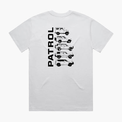 Back view of a white oversized t-shirt with Nissan Patrol silhouettes printed down the centre.