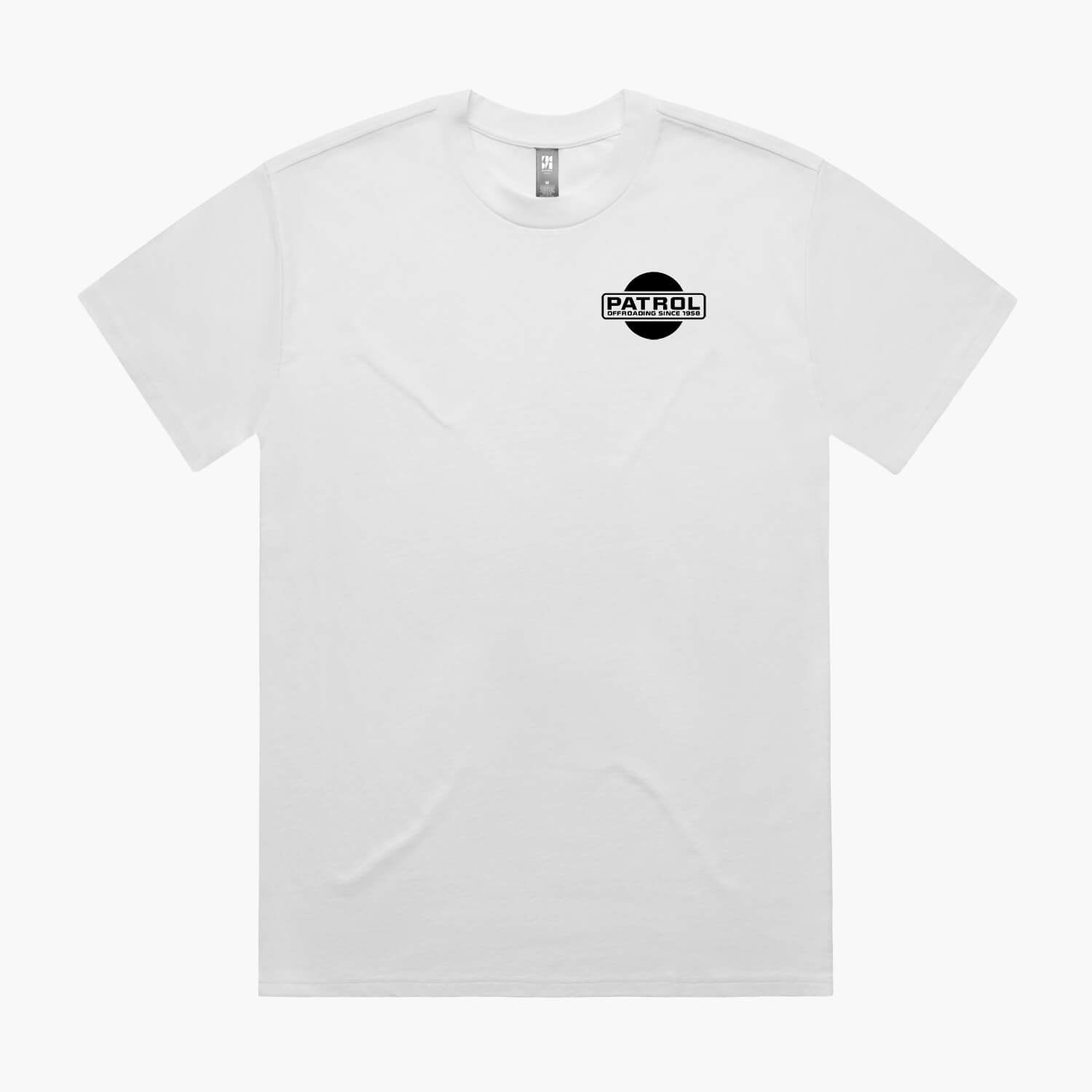 White oversized t-shirt with a black Nissan Patrol logo pocket print.