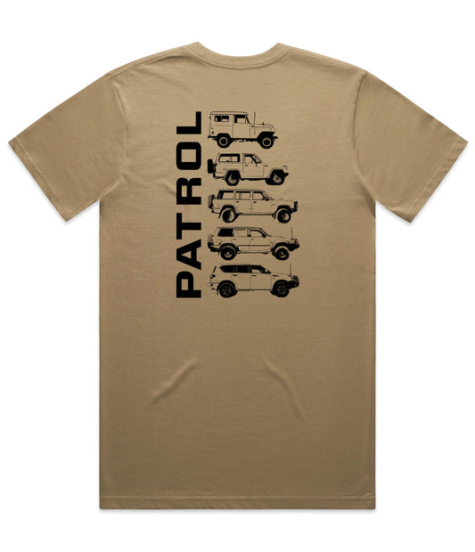 Back view of a sand t-shirt with Nissan Patrol silhouettes printed down the centre.