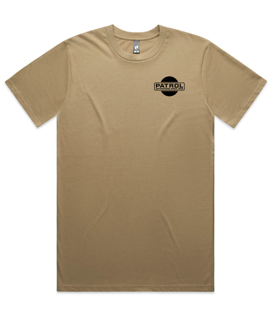 Sand t-shirt with a black Nissan Patrol logo pocket print.