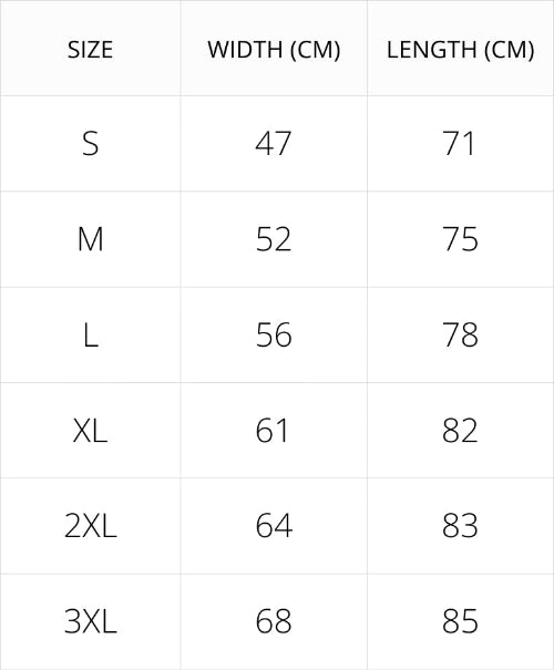 Size chart with dimensions for width and length in centimeters